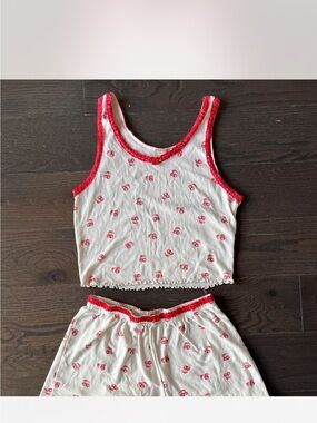 Messy bun just chillin Cream & Red Cherry 8 ball Print Sleep Tank and Shorts Set